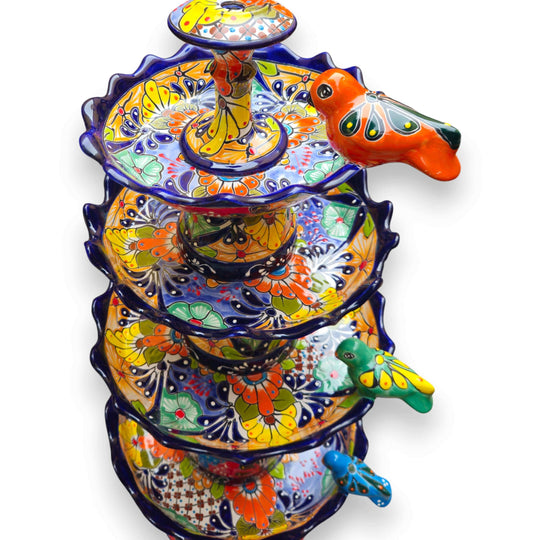 Blue Rim Tiered Talavera Fountain | Handcrafted Mexican Art - hand-painted multi-tier garden fountain with blue rim and colorful floral Talavera birds