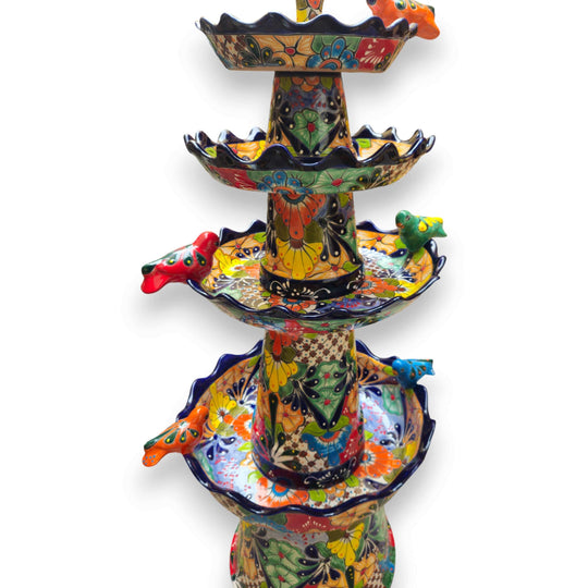 Blue Rim Tiered Talavera Fountain | Handcrafted Mexican Art - hand-painted multi-tier garden fountain with vivid blue rims and colorful folk patterns