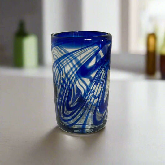 Blue Swirl Hand-Blown Glass | Mexican Drinking Tumbler — cobalt swirl hand-blown tumbler from Guanajuato, recycled lead-free glass
