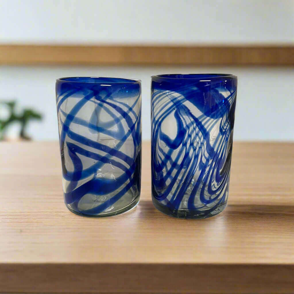 Blue Swirl Hand-Blown Glass | Mexican Drinking Tumbler - pair of hand-blown cobalt swirl recycled glass tumblers from Guanajuato, Mexico