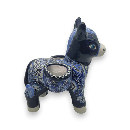 Blue Talavera Donkey Planter | Handcrafted Mexican Pottery - hand-painted blue & white Talavera burro planter with floral patterns