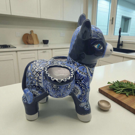 Blue Talavera Donkey Planter | Handcrafted Mexican Pottery - hand-painted blue and white Talavera burro planter with floral patterns