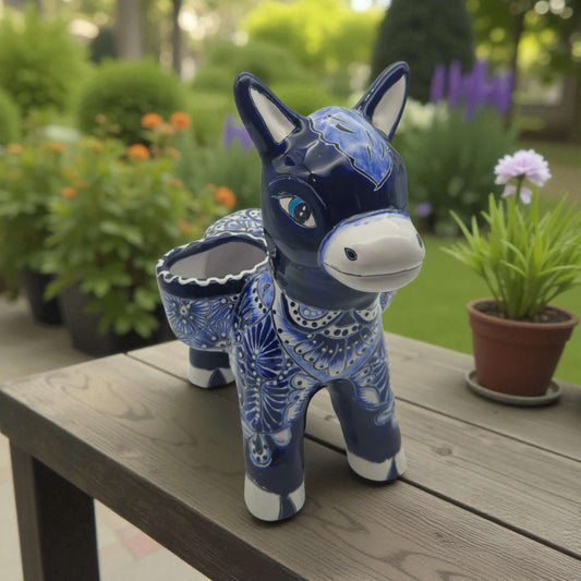 Blue Talavera Donkey Planter | Handcrafted Mexican Pottery - hand-painted blue and white ceramic burro planter with floral Talavera patterns