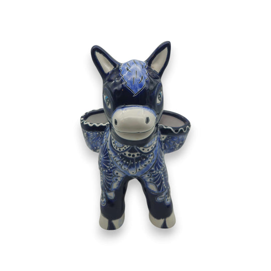Blue Talavera Donkey Planter | Handcrafted Mexican Pottery - hand-painted blue and white Talavera burro planter with floral patterns