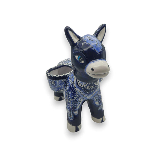 Blue Talavera Donkey Planter | Handcrafted Mexican Pottery - hand-painted blue and white burro ceramic planter with floral Talavera patterns