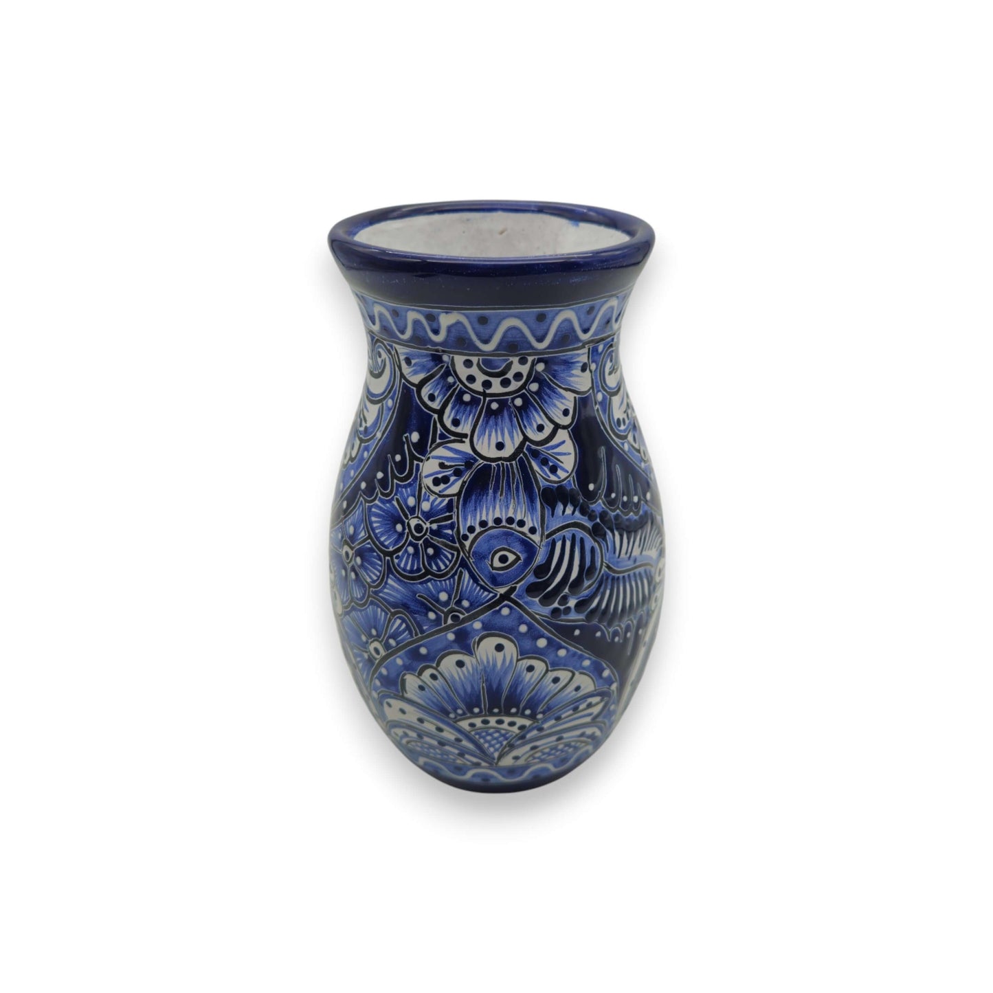 Blue Floral Talavera Vase | Hand-Painted Mexican Pottery - deep cobalt blue hand-painted floral and fish motifs, kiln-fired lead-free glaze