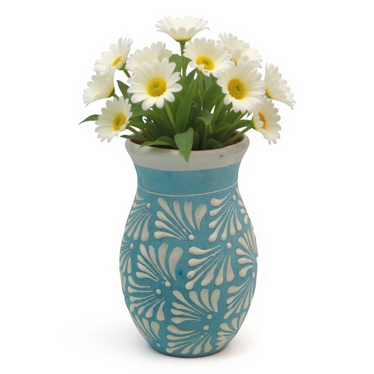 Blue Talavera Vase | Hand-Painted Mexican Pottery with flowers