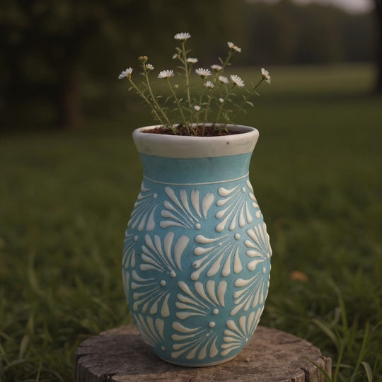Blue Talavera Vase | Hand-Painted Mexican Pottery with flowers