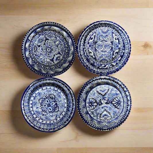 Blue & White Talavera Dinnerware Set | 12-Piece Set - overhead view of four hand-painted blue and white Talavera bowls on wood