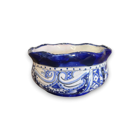 Mini Talavera Flower Pot | Wavy Rim Mexican Ceramic Planter - hand-painted blue white Talavera mini planter with rippled rim