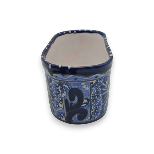 Blue and White Oval Talavera Planter | Mexican Ceramic Pot handcrafted oval planter with cobalt blue floral Talavera design