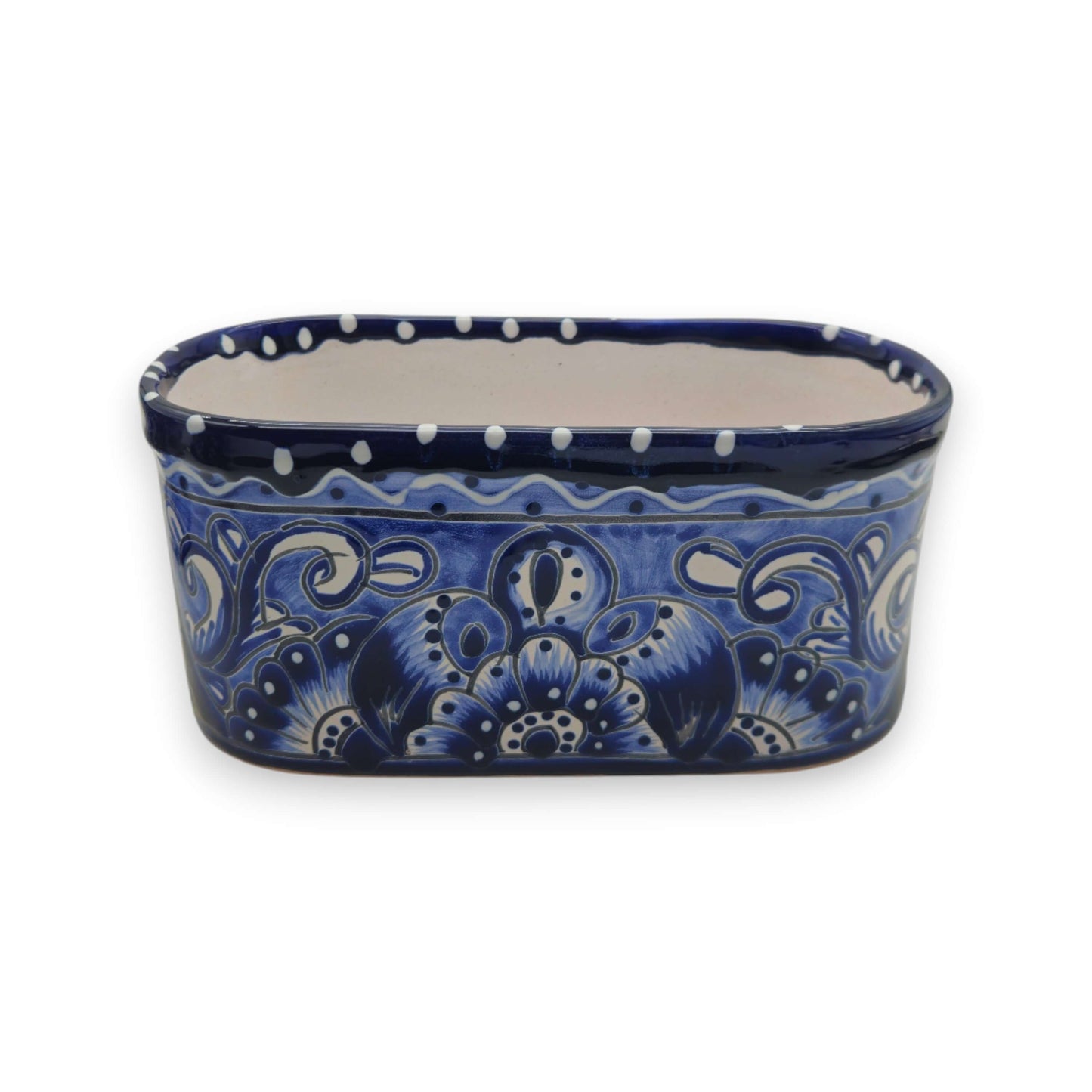 Blue and White Oval Talavera Planter | Mexican Ceramic Pot - handcrafted cobalt blue floral oval planter