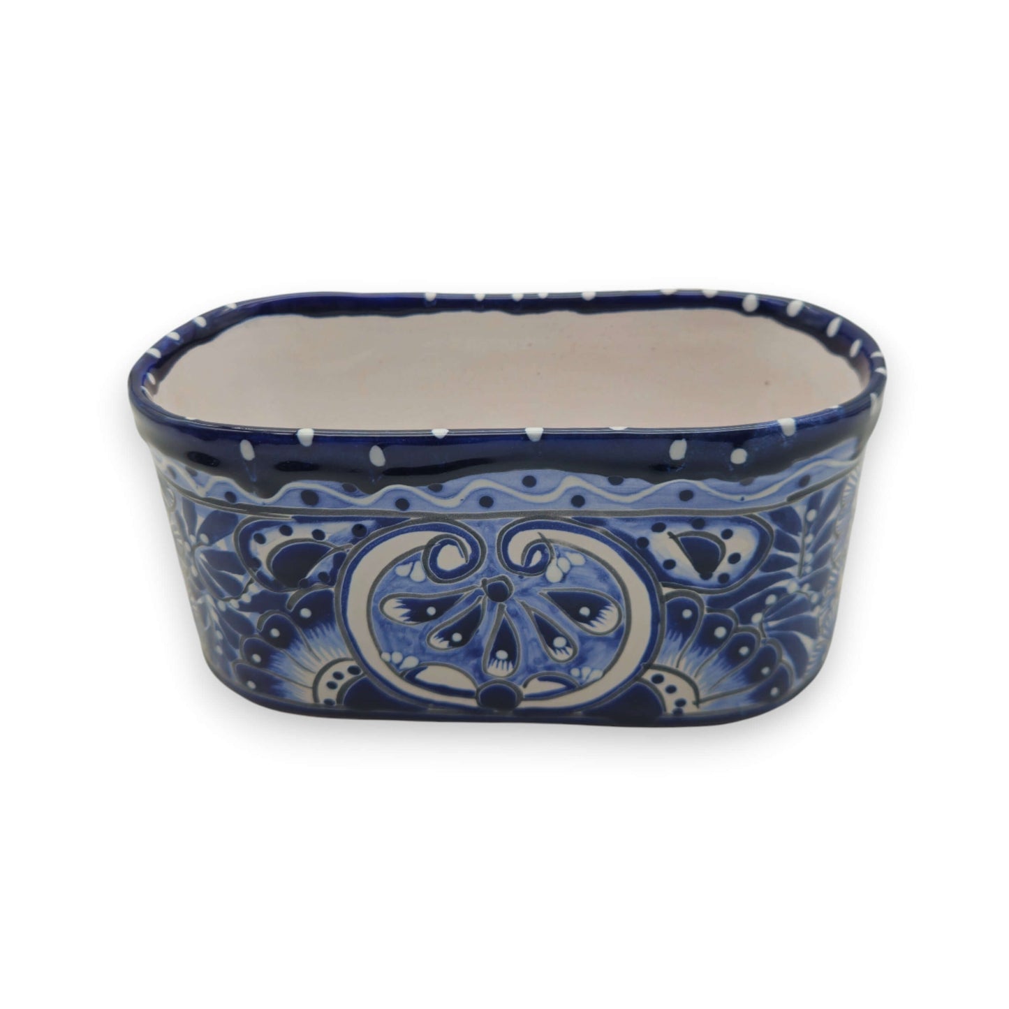 Blue and White Oval Talavera Planter | Mexican Ceramic Pot - handcrafted cobalt blue floral oval planter