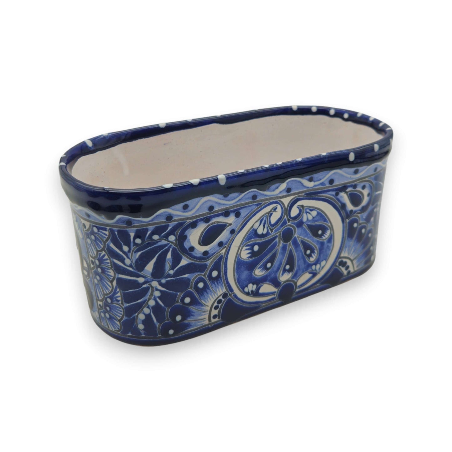 Blue and White Oval Talavera Planter | Mexican Ceramic Pot ornate cobalt blue and white oval planter with floral swirl motifs