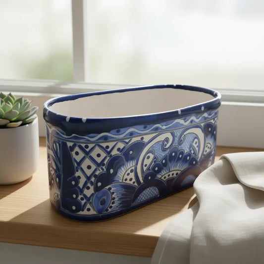 Blue and White Oval Talavera Planter | Mexican Ceramic Pot - handcrafted oval ceramic planter with cobalt blue floral Talavera design