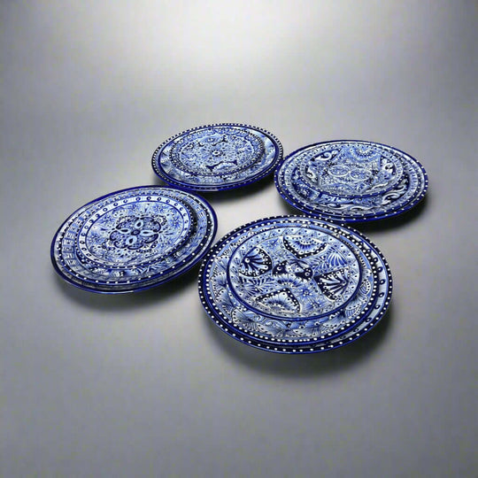Blue & White Talavera Dinnerware Set | 12-Piece Set for 4 - hand-painted blue and white Talavera plates, kiln-fired lead-free glaze, seats 4