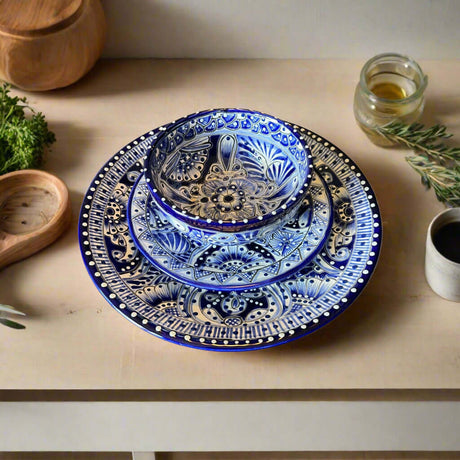 Blue & White Talavera Dinnerware Set | 12-Piece Set for 4 - hand-painted blue and white Talavera plates and bowl on wooden table
