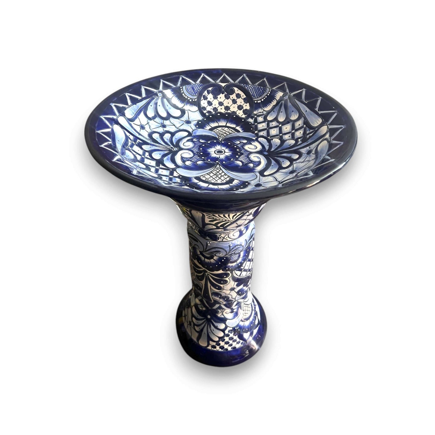 Blue & White Talavera Bird Bath | Mexican Garden Art — hand-painted Talavera bird bath with ornate blue floral motif, kiln-fired, lead-free glaze