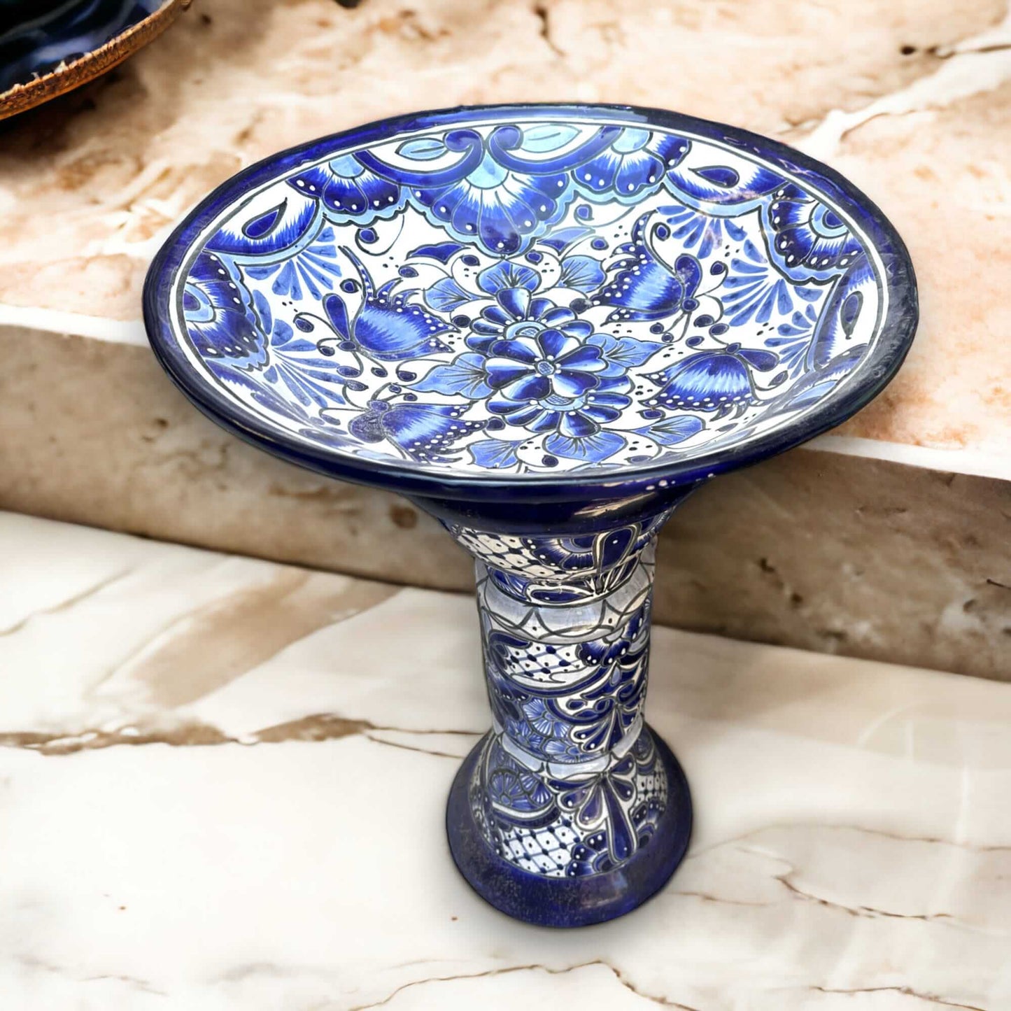 Blue & White Talavera Bird Bath | Mexican Garden Art handcrafted hand-painted Talavera bird bath with blue floral motif, lead-free glaze