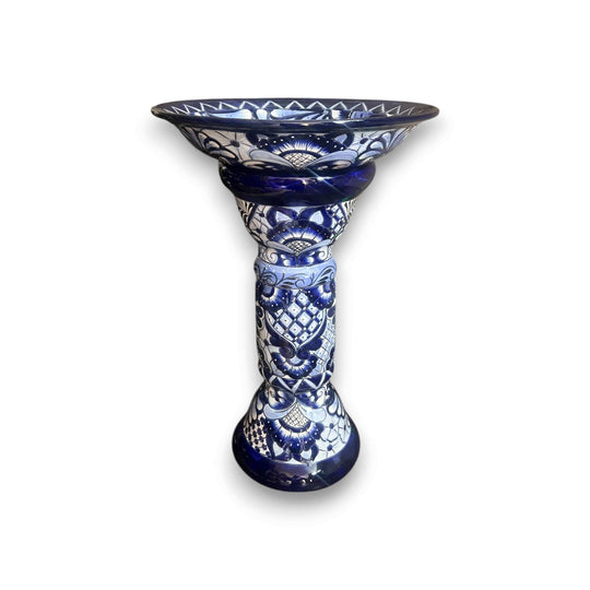 Blue & White Talavera Bird Bath | Mexican Garden Art - hand-painted blue and white Talavera ceramic bird bath on pedestal