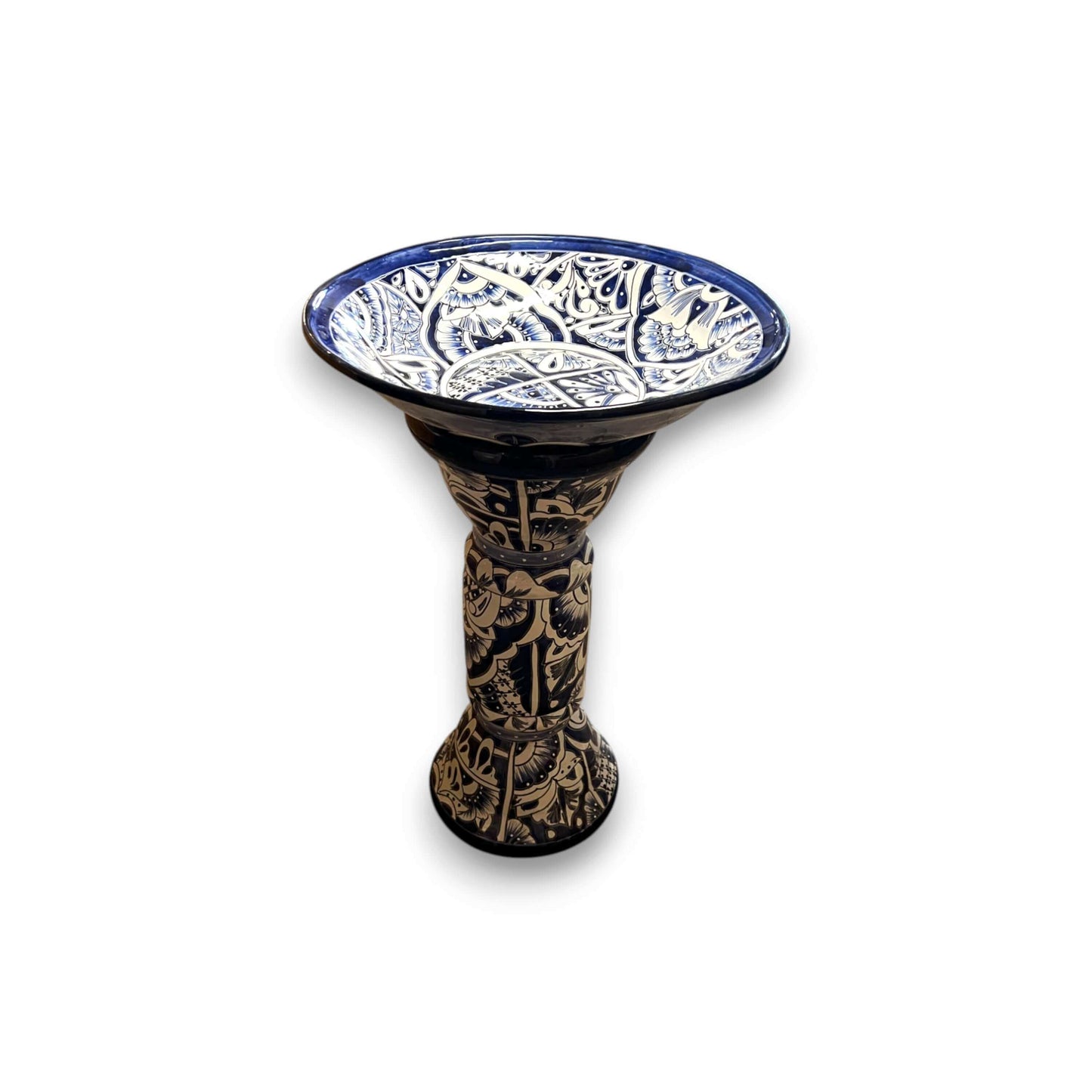 Blue & White Talavera Bird Bath | Mexican Garden Art - hand-painted blue and white Talavera ceramic bird bath on decorative pedestal