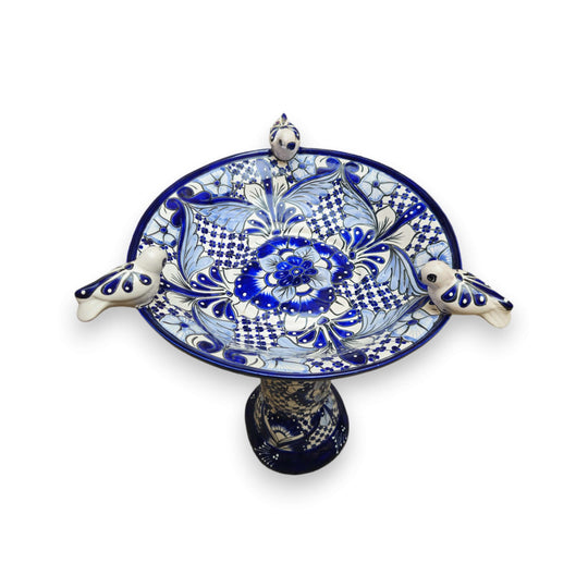 Blue & White Talavera Bird Bath with Rim Birds | Mexican Garden Art — hand-painted blue and white Talavera bird bath with three rim birds