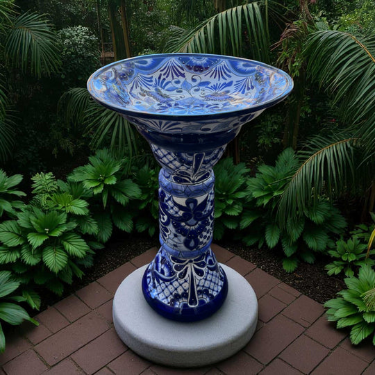 Blue & White Talavera Bird Bath | Mexican Garden Art handcrafted blue and white Talavera ceramic bird bath in lush garden setting