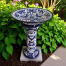Blue & White Talavera Bird Bath | Mexican Garden Art - hand-painted Mexican talavera bird bath with blue floral motif, kiln-fired, lead-free glaze