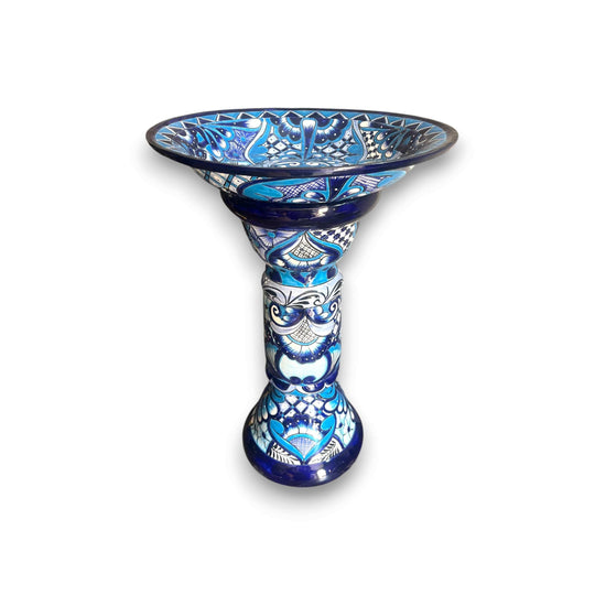 Blue & White Talavera Bird Bath | Mexican Garden Art - hand-painted Talavera ceramic bird bath with blue floral motif, kiln-fired lead-free glaze