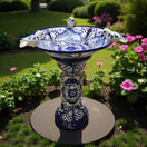 Blue & White Talavera Bird Bath with Rim Birds | Mexican Garden Art - hand-painted Talavera bird bath with sculpted rim birds in blue and white