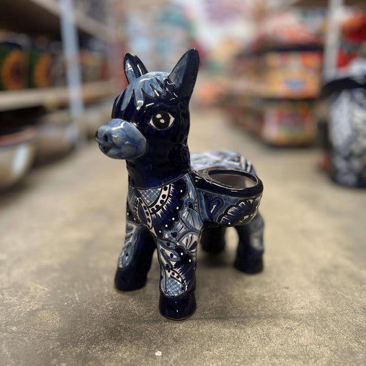 Blue & White Talavera Burro Planter | Handcrafted Mexican Donkey - hand-painted blue and white Talavera ceramic donkey planter