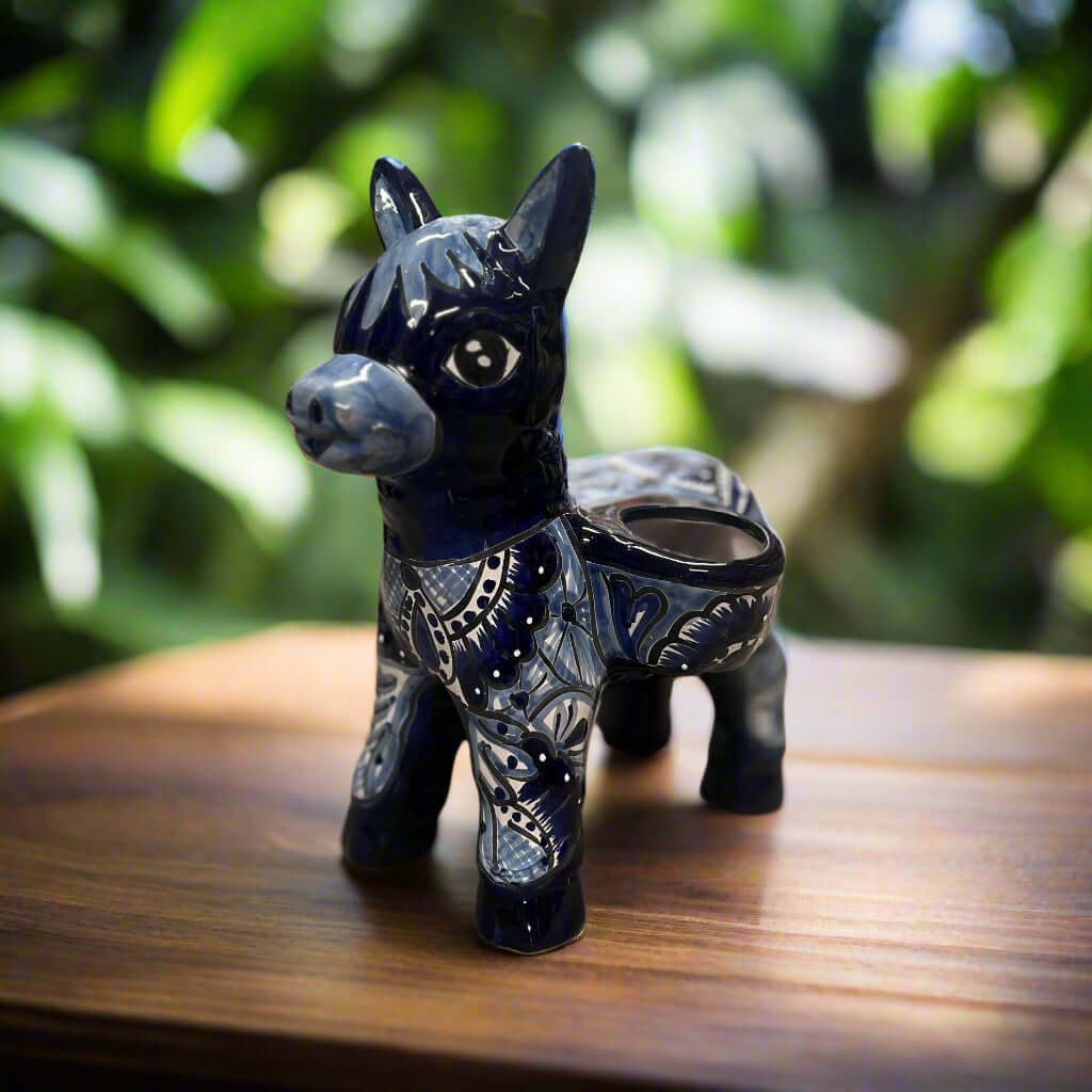 Blue & White Talavera Burro Planter | Handcrafted Mexican Donkey - hand-painted blue and white ceramic donkey planter, kiln-fired, lead-free glaze