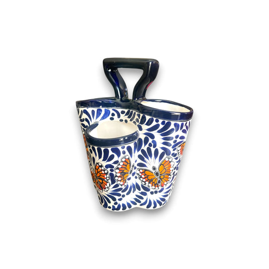 Talavera Kitchen Utensil Holder | Blue & White Butterfly Design - handmade blue and white talavera ceramic utensil holder with orange butterfly pattern