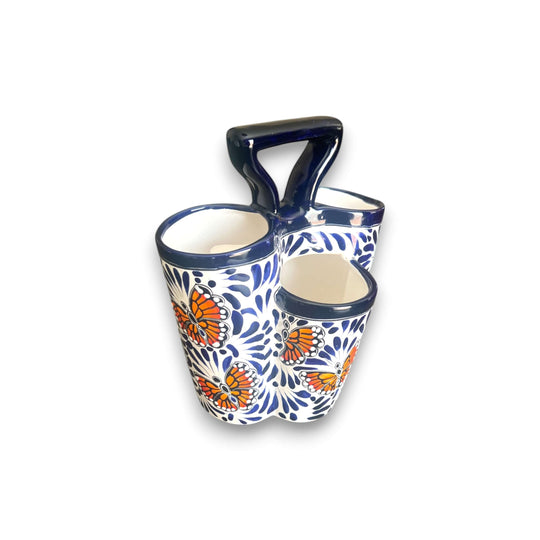 Talavera Kitchen Utensil Holder | Blue & White Butterfly Design - handmade blue & white Talavera utensil caddy with orange butterfly pattern, handle