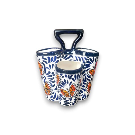 Talavera Kitchen Utensil Holder | Blue & White Butterfly Design - hand-painted Mexican ceramic utensil holder with blue floral and orange butterfly motifs