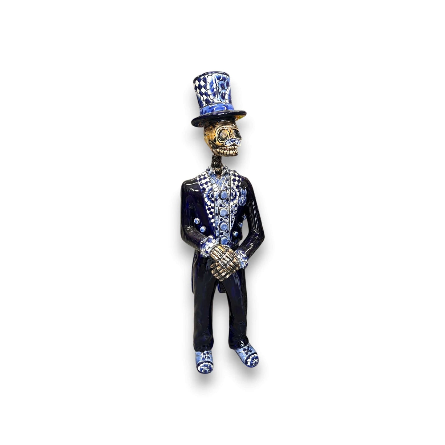 Blue & White Talavera Catrin Statue | Day of the Dead Figurine handcrafted Talavera Catrin in blue and white, kiln-fired, lead-free glaze
