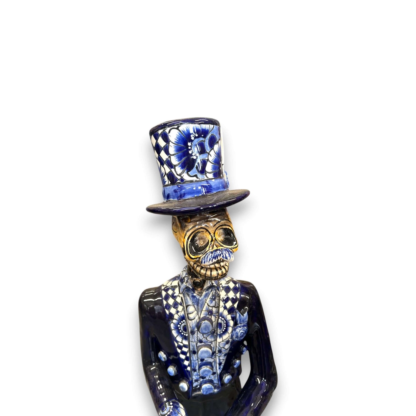 Blue & White Talavera Catrin Statue | Day of the Dead Figurine handcrafted blue and white Talavera skull gentleman figurine