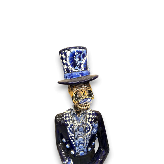 Blue & White Talavera Catrin Statue | Day of the Dead Figurine handcrafted blue and white Talavera skull gentleman figurine