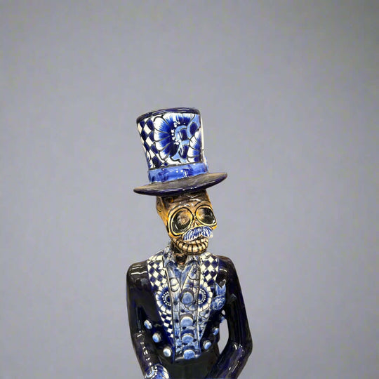 Blue & White Talavera Catrin Statue | Day of the Dead Figurine handcrafted blue and white Talavera Catrin with top hat