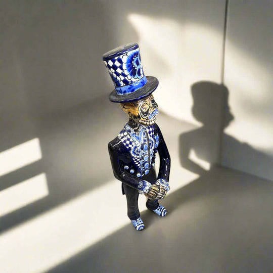 Blue & White Talavera Catrin Statue | Day of the Dead Figurine handcrafted blue and white Talavera Catrin in top hat, clay, hand-painted kiln-fired