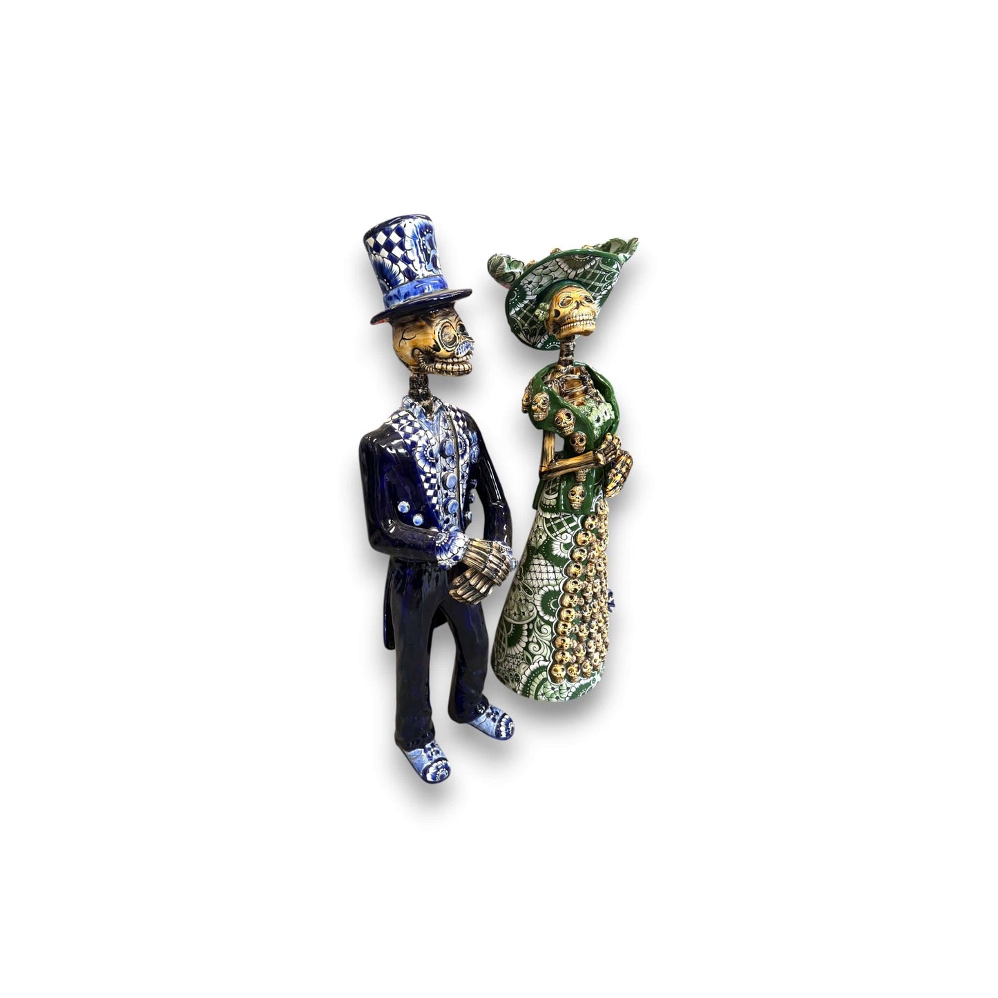 Blue & White Talavera Catrin Statue | Day of the Dead Figurine handcrafted blue and white Talavera Catrin statue, kiln-fired, lead-free glaze