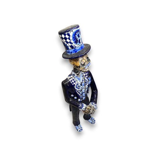 Blue & White Talavera Catrin Statue | Day of the Dead Figurine handcrafted blue-and-white Talavera Catrin wearing top hat