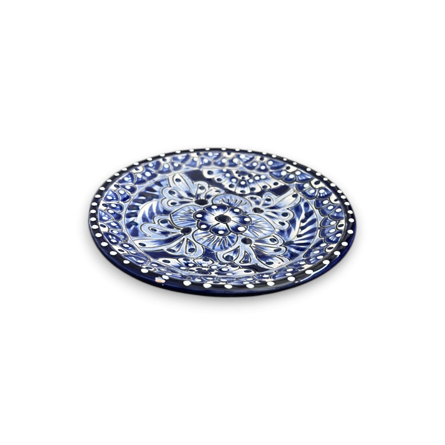 30-Piece Talavera Dinnerware Set | Blue & White Tableware for 6 - hand-painted blue white Talavera salad plate with floral pattern
