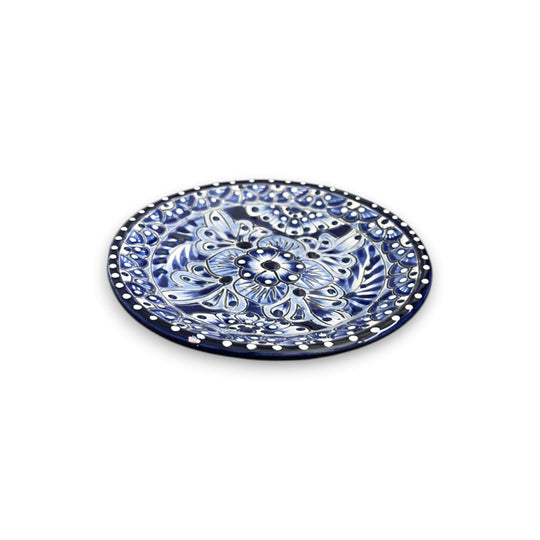 30-Piece Talavera Dinnerware Set | Blue & White Tableware for 6 - hand-painted blue white Talavera salad plate with floral pattern