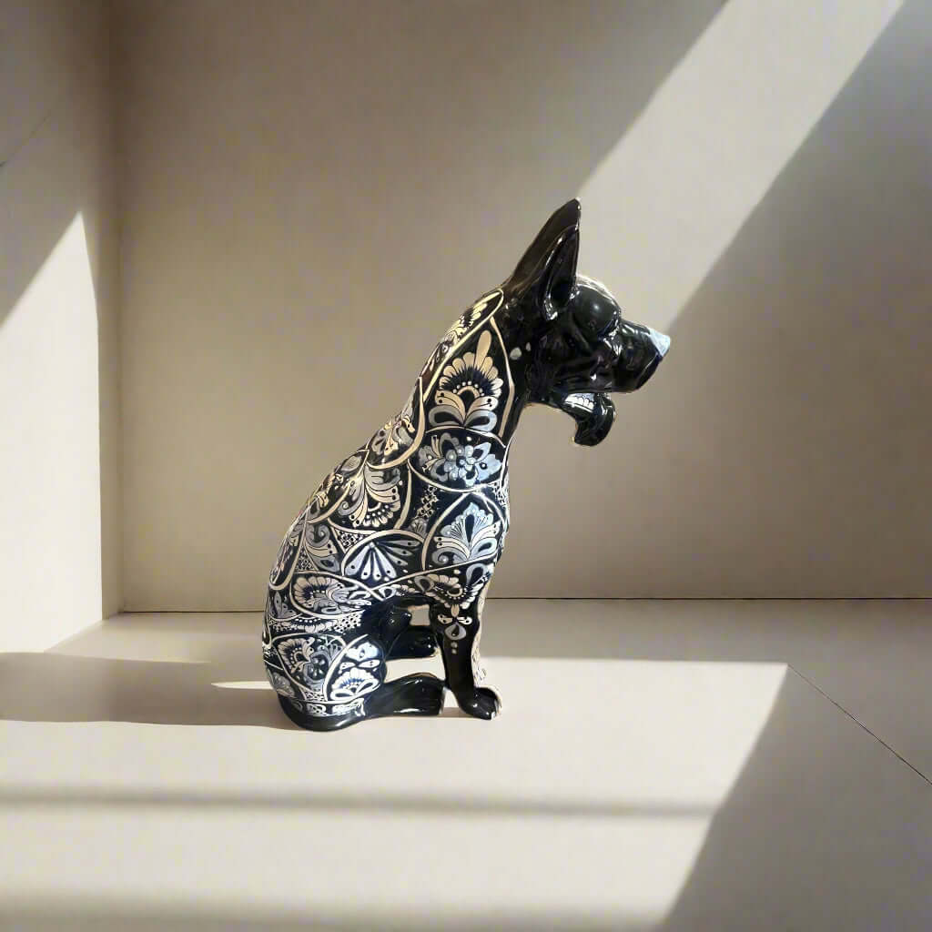 Blue & White Talavera Dog Statue | Handmade Ceramic Art - hand-painted Talavera ceramic dog statue in blue and white, kiln-fired with lead-free glaze