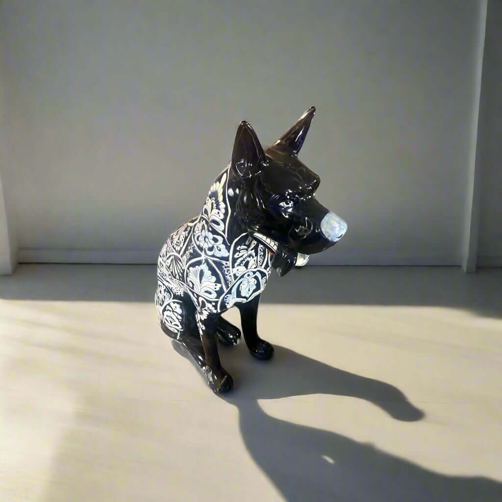 Blue & White Talavera Dog Statue | Handmade Ceramic Art - hand-painted blue and white Talavera ceramic dog sculpture