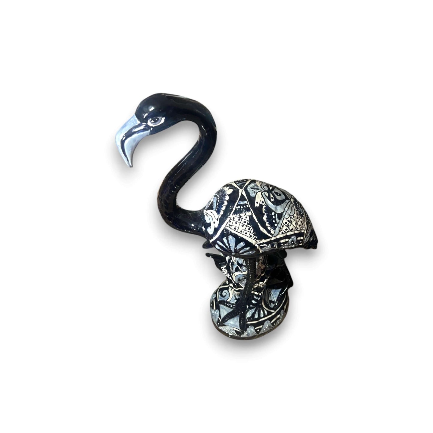 Blue & White Talavera Flamingo Statue | Hand-Painted Bird Pottery - hand-painted Talavera ceramic flamingo with blue and white patterns