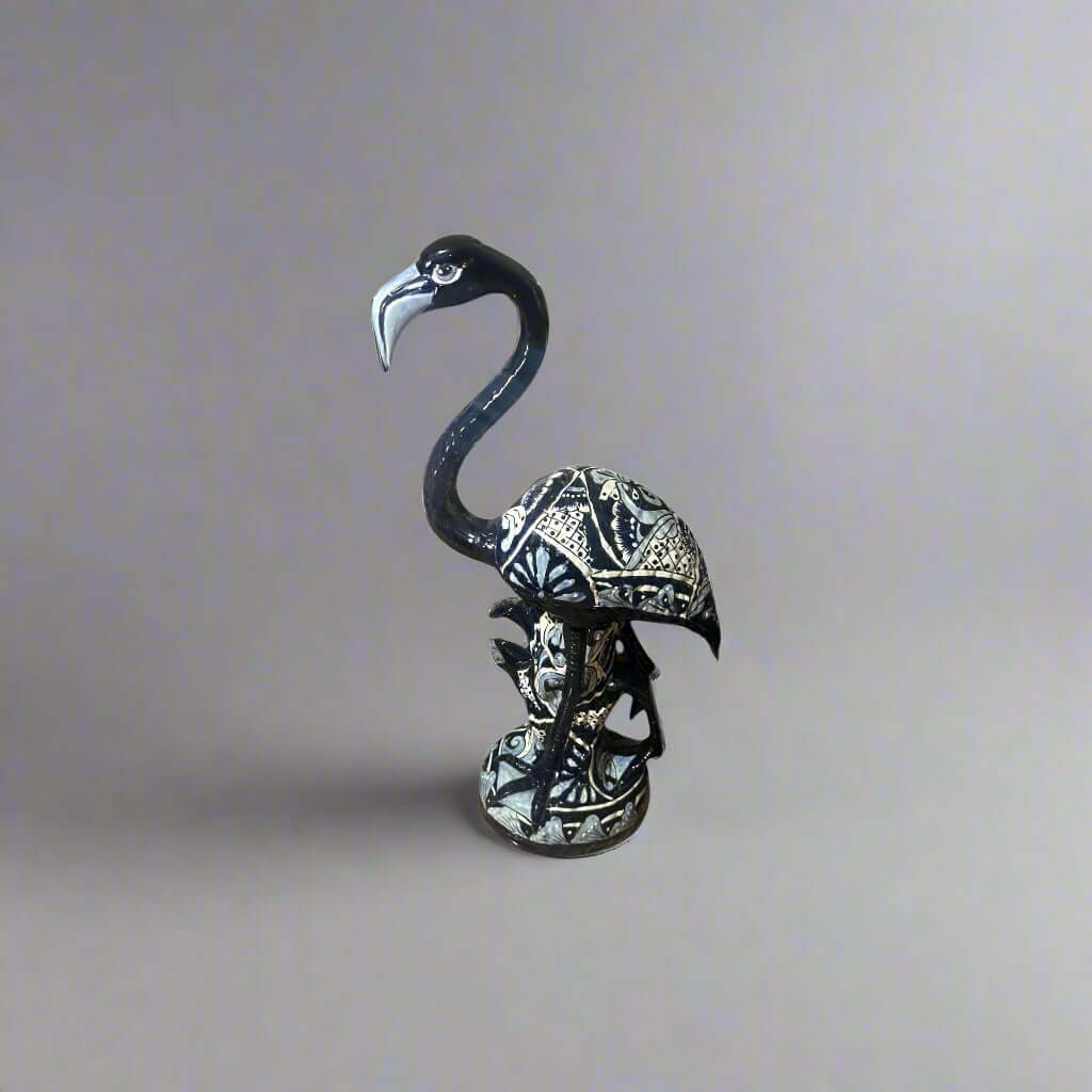 Blue & White Talavera Flamingo Statue | Hand-Painted Bird Pottery - hand-painted blue and white Talavera flamingo pottery statue from Guanajuato