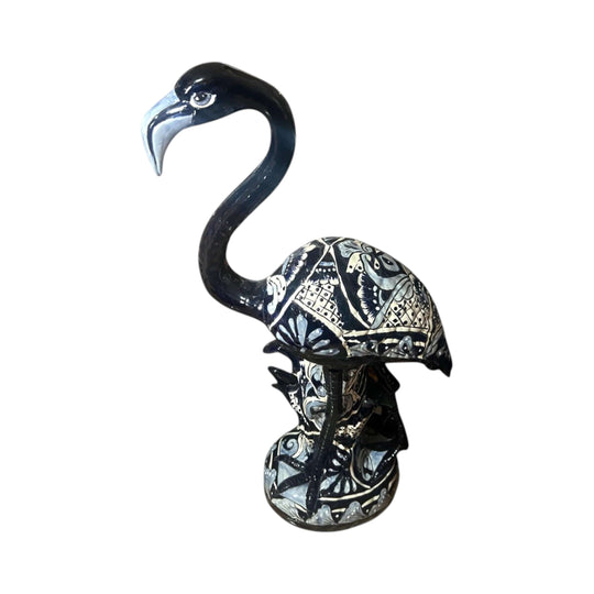 Blue & White Talavera Flamingo Statue | Hand-Painted Bird Pottery - Hand-painted blue and white Talavera ceramic flamingo, kiln-fired, lead-free glaze