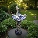 Blue & White Talavera Frog Fountain with Rim Birds | Mexican Garden - hand-painted kiln-fired Talavera frog fountain with perched rim birds in garden